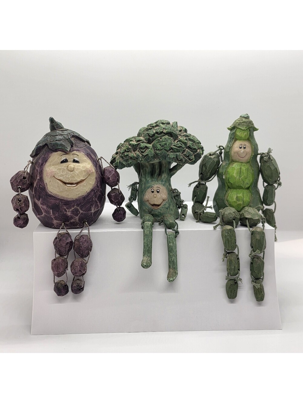 Vintage 1980s Anthropomorphic Vegetable Shelf Sitters Eggplant Pea Broccoli VGC